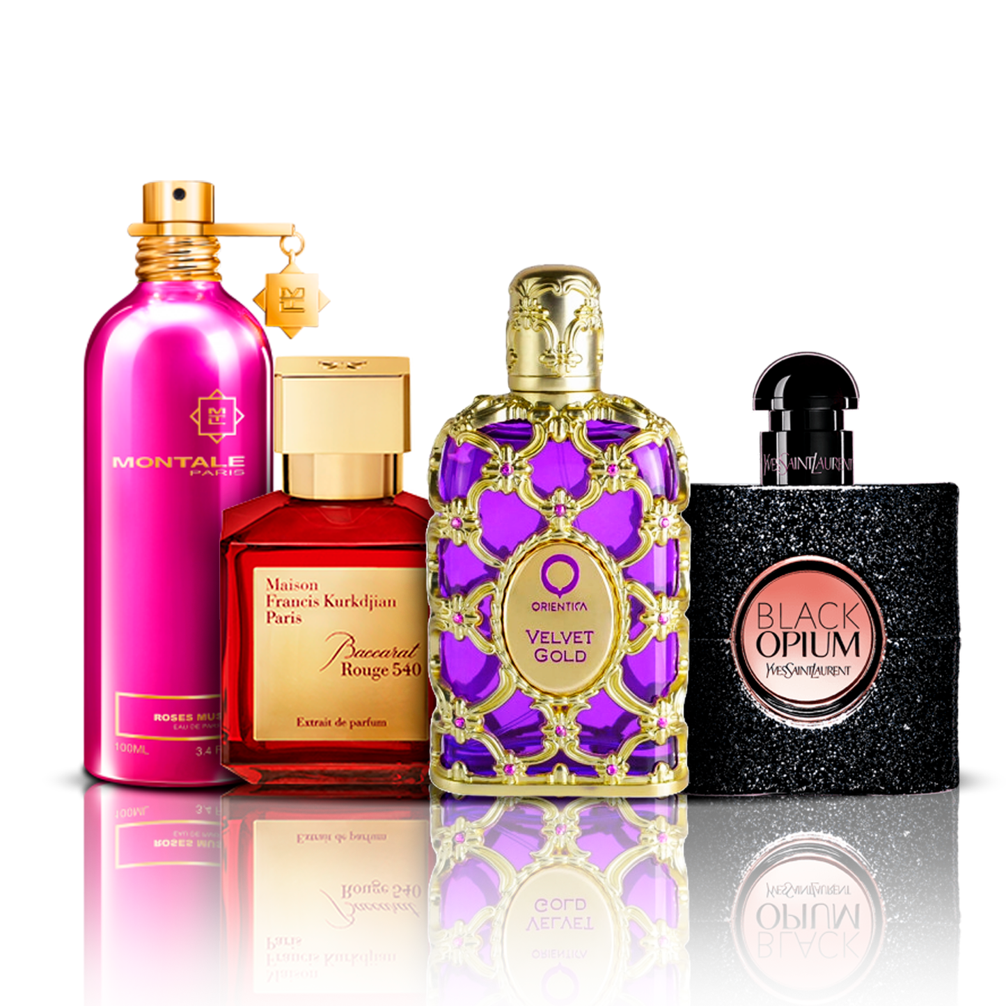 4 parfumų rinkinys | Orientica Velvet Gold + Baccarat Rouge + Black Opium + Montale Roses Musk 100 ml