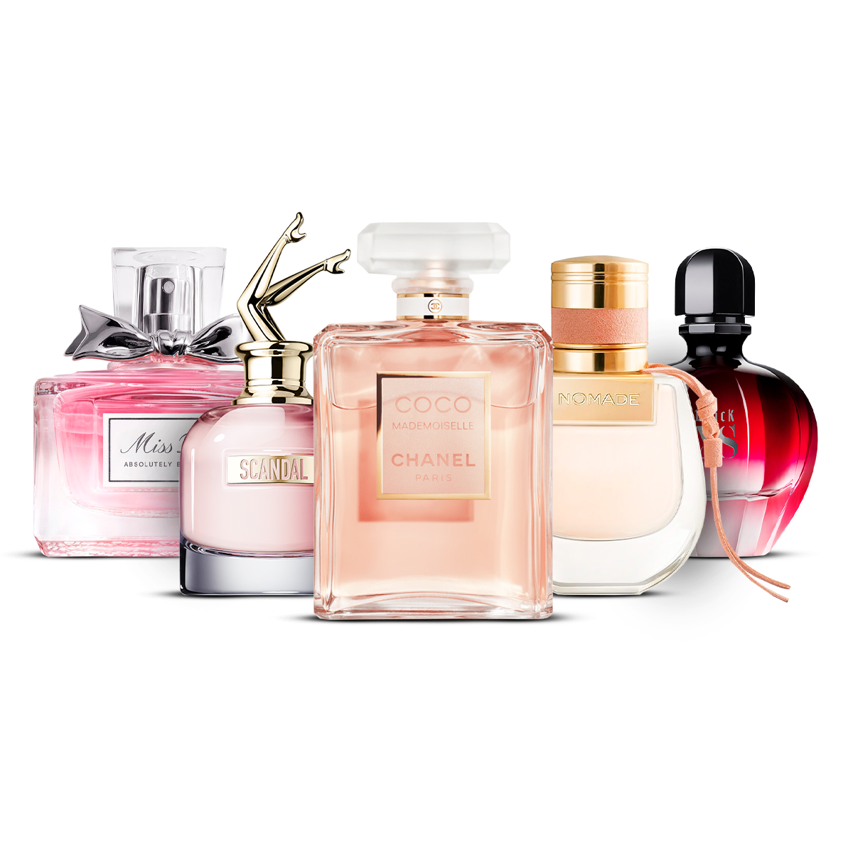 5 parfumų rinkinys – Miss Dior Absolutely Blooming, Scandal, Coco Mademoiselle, Nomade ir Black XS  [100 ml kiekvienas]