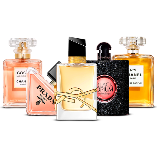 5 parfumų rinkinys – Coco Mademoiselle, Prada Paradoxe, Libre, Black Opium ir Chanel N°5 [100 ml kiekvienas]