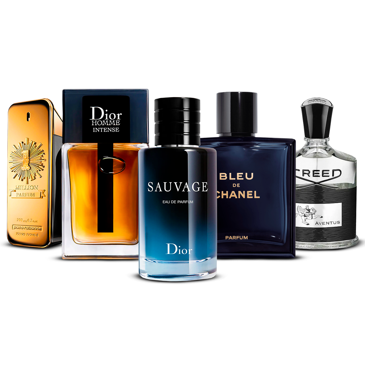 5 parfumų rinkinys  –  1 Million, Dior Homme Intense, Sauvage, Bleu de Chanel ir Creed Aventus  [100 ml kiekvienas]