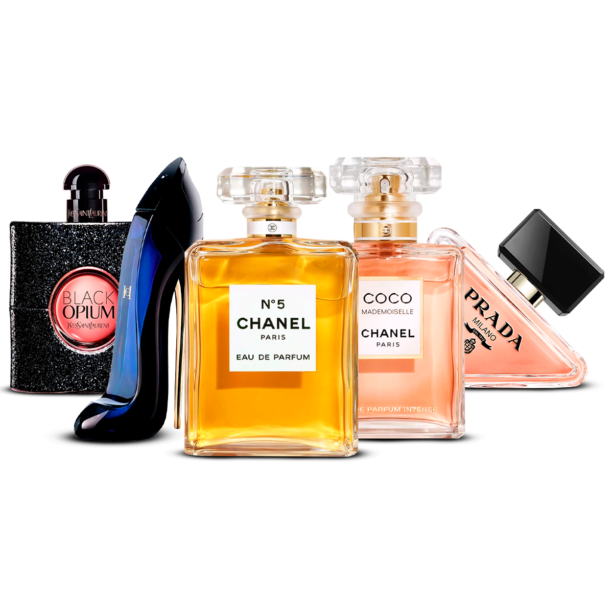5 parfumų rinkinys – Black Opium, Good Girl, Chanel N°5, Coco Mademoiselle ir Prada Paradoxe [100 ml kiekvienas]