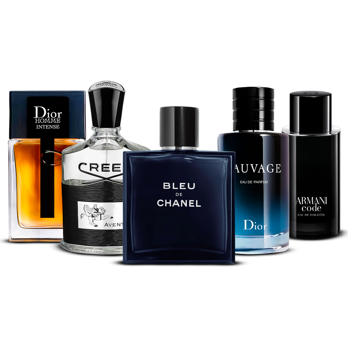 5 parfumų rinkinys  –  Dior Homme Intense, Creed Aventus, Bleu de Chanel, Sauvage ir Armani Code   [100 ml kiekvienas]