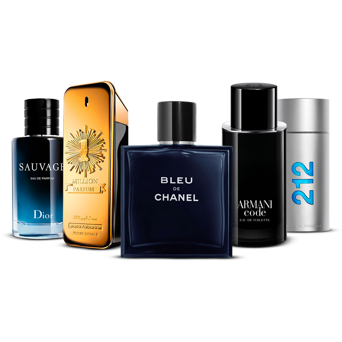 5 parfumų rinkinys   – Sauvage, 1 Million, Bleu de Chanel, Armani Code ir 212 Men  [100 ml kiekvienas]