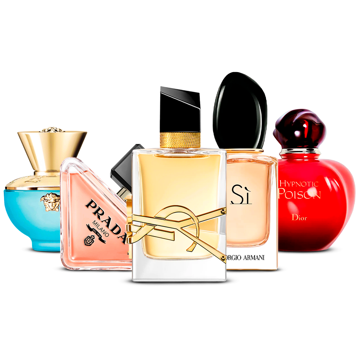 5 parfumų rinkinys   – Versace Dylan Turquoise, Prada Paradoxe, Yves Saint Laurent Libre, Giorgio Armani Sì ir Dior Hypnotic Poison   [100 ml kiekvienas]