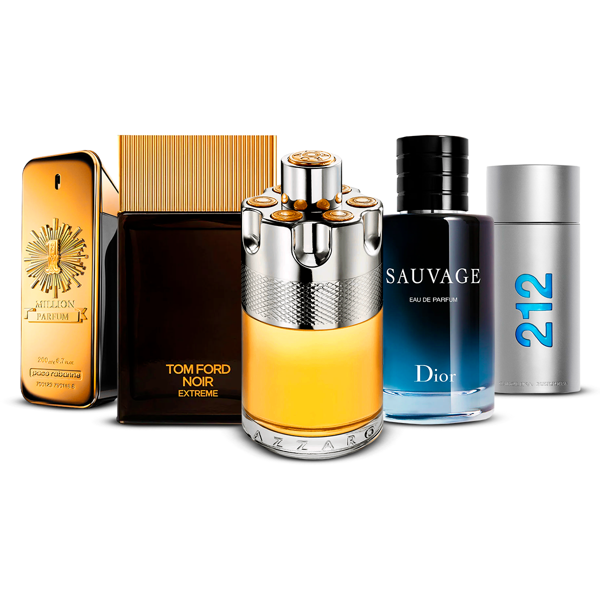 5 parfumų rinkinys  – 1 Million, Tom Ford Noir Extrême, Azzaro Wanted, Sauvage ir 212 Men [100 ml kiekvienas]