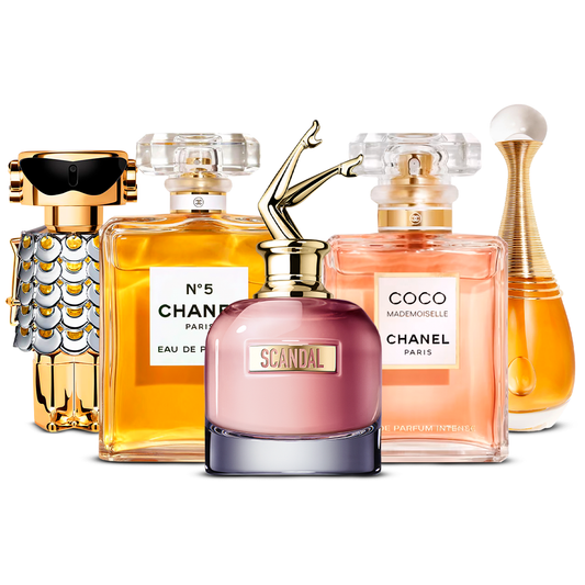 5 parfumų rinkinys – Fame, Chanel Nº5, Scandal, Coco Mademoiselle ir J'adore [100 ml kiekvienas]