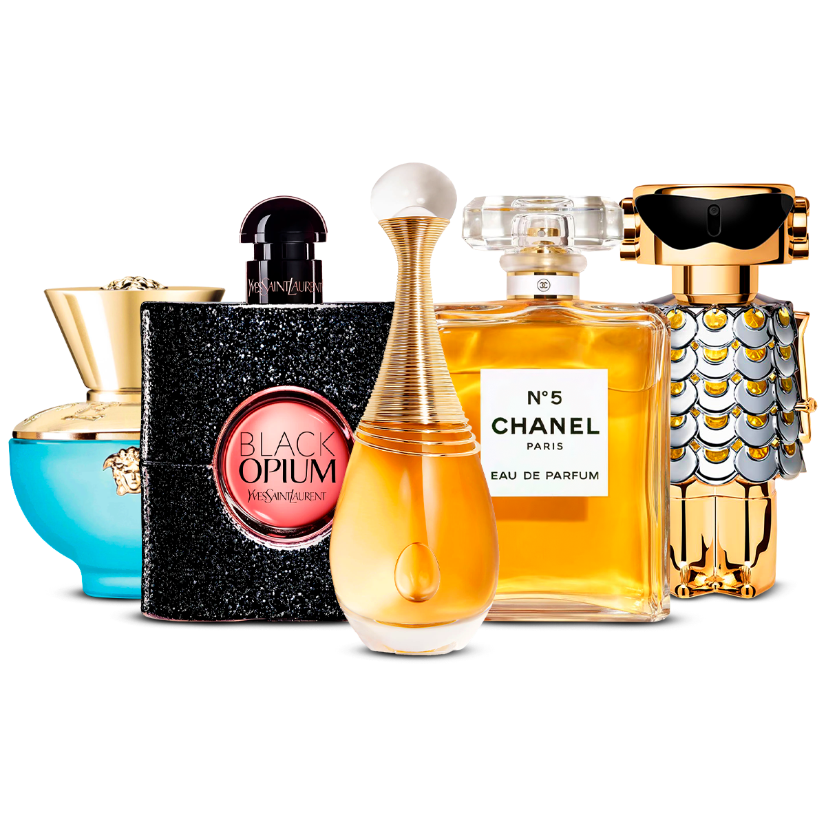 5 parfumų rinkinys  – Versace Dylan Turquoise, Black Opium, J'adore, Chanel Nº5 ir Fame  [100 ml kiekvienas]