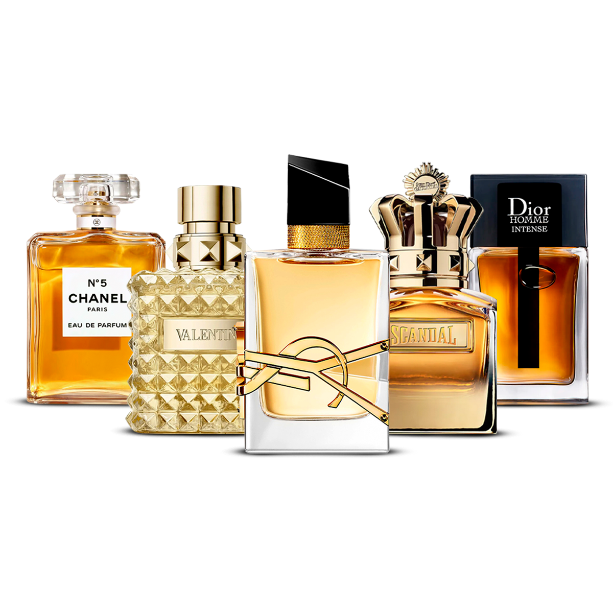 5 parfumų rinkinys  – Chanel Nº5, Valentino Uomo, Yves Saint Laurent Libre, Scandal Pour Homme ir Dior Homme Intense  [100 ml kiekvienas]